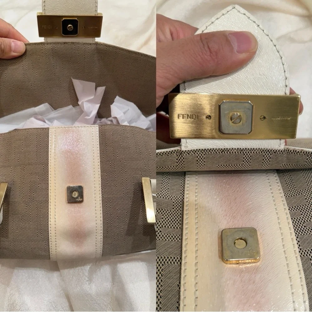 Auth Fendi Zucca Brown Monogram Shadow Shoulder Bag beige and white